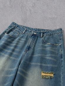 Manfinity Denimwave Quần jeans ống rộng rách rưới unisex, dáng rộng thoải mái, phong cách vintage Mỹ. - Rửa trung bình - Xem 3