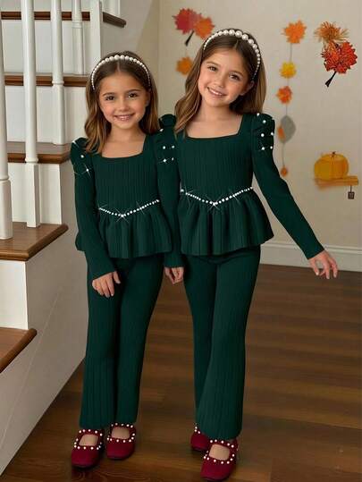 SHEIN Young Girls 2 Pieces Set For Toddler Girls: Elegant & Luxurious Computer-Embellished Beaded Knit Ribbed Brushed Fleece Top With Square Collar & Puff Sleeves + Minimalist Slim-Fit Knit Flared Pants - Casual & Cute Outfit For Outdoor Wear