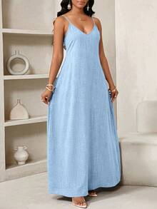SHEIN Lady Đầm Maxi Rộng thùng thình cho Nữ Đầm Maxi Không Dây, Đầm Dự Tiệc Sinh Nhật & Sự Kiện/Đầm Ngày Lễ Trang Phục Kỳ Nghỉ Đầm Nữ Boho/Bohemia/Boho Quần Áo Nữ Áo Halter Top Quần Áo Phụ Nữ Châu Phi Đầm Nữ Đầm Nhiệt Đới Mùa Hè Cho Nữ Hàng Mới Về Đầm Nữ Đầm Đi Biển Đầm Phục Sinh / Đầm Phục Sinh Nữ / Trang Phục Phục Sinh Nữ - Màu xanh nhạt - Xem 5