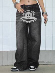 Paul Frank X ROMWE Women's Y2K Casual Fashionable Street Style Cartoon Monkey Print Vintage Washed Baggy Loose Fit Jeans - Black - View 7