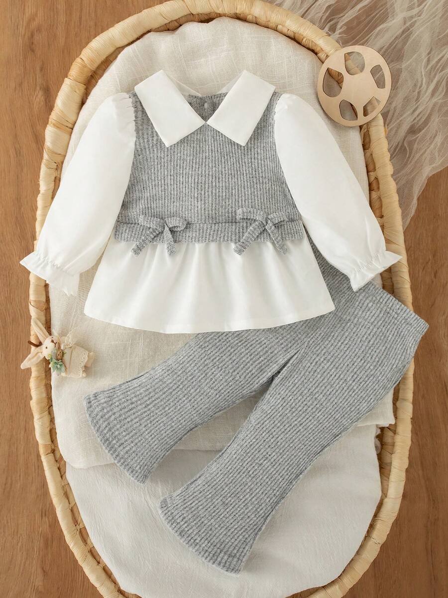 SHEIN Set de 2 piezas de ropa casual para bebé niña recién nacida, blusa con cuello y dobladillo de color contrastante 2 en 1, pantalones holgados de punto largo, conjunto de ropa de recién nacido simple y de moda - Gris - Ver 1