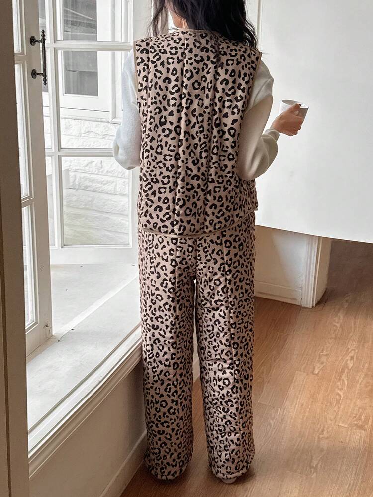Women's Leopard Print Quilted Vest And Drawstring Pants Sleepwear Set, Winter