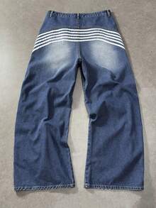 ROMWE MEN Street Life Quần jeans nam ống rộng kẻ sọc có túi, dáng rộng thoải mái, đa năng. - Màu xanh lam - Xem 3