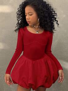 Coolane Kids Tween Girls Summer/Spring Long Sleeve Snug Fit Lantern Hem Dress, Puffy Dress Girls Red, Red Casual Dress,Summer Dresses For Girls - Red - View 4