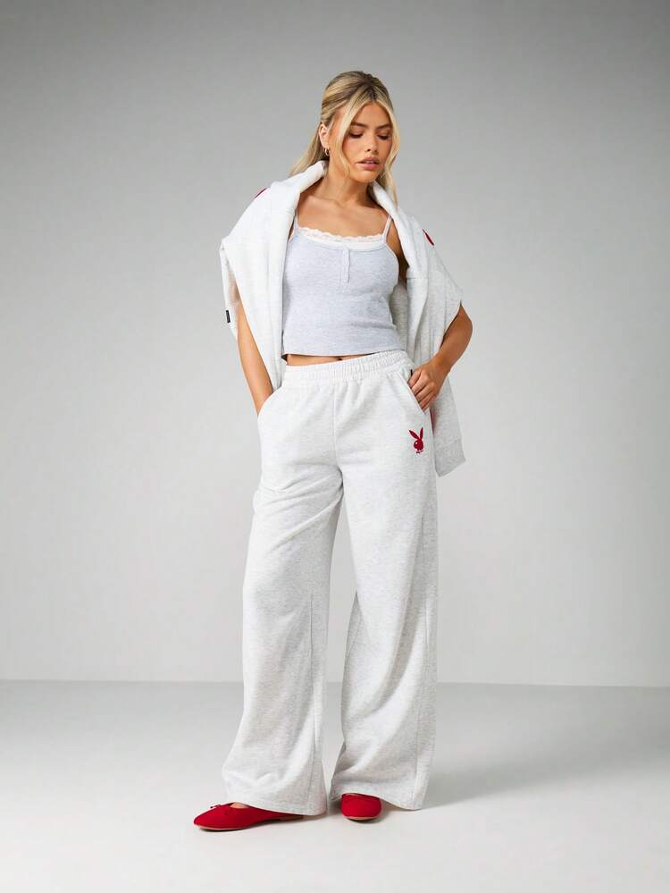 Missguided x Playboy Heart Applique Wide Leg Joggers With Side Pockets And Elastic Waistband For Casual Loungewear And Comfort