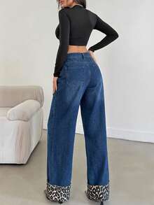 SHEIN Tall HIGH RISE WIDELEG JEAN WITH LEOPARD TALL - Royal Blue - View 2