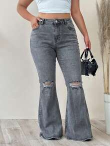 RueChic 加大码高腰黑色紧身破洞牛仔裤 - 淺灰色 - 查看 4