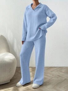 EURMUSE 2pcs Solid Color Ribbed Polo Neck Loose Knit Sweaters Everyday Travel Light Blue Autumn Casual - Baby Blue - View 4