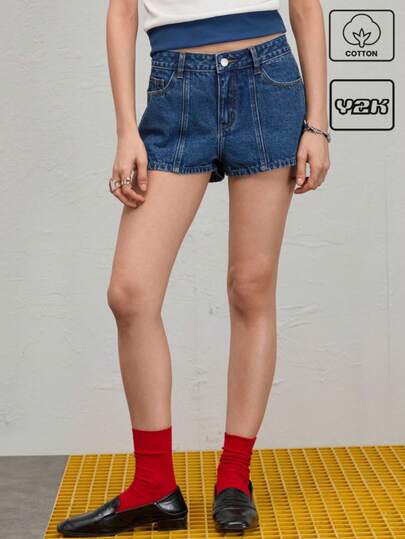 COUREZ 中腰牛仔超短裤，前缝线设计 /Y2K/休闲/棉质/夏季棉质复古