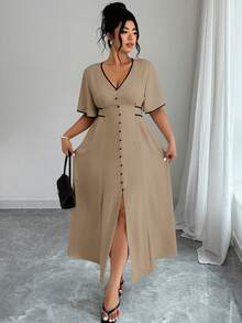 Elenzga Plus Size Color Block V-Neck High Slit Short Sleeve Dress - Khaki - View 3
