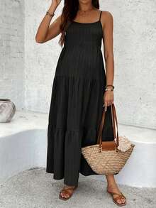 SHEIN Maternity Vacation Ruffle Hem Backless Tie Strap Dress - Black - View 4