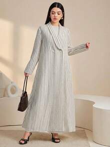 Veilorie Áo Abaya sọc giản dị bảo thủ dành cho nữ - Xám - Xem 3