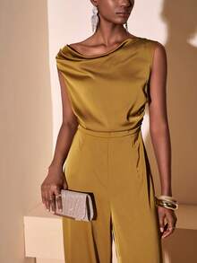 Zivah 2026 Spring/Summer New Music Festival, Western Style, Nomadic Style, Birthday Party, Graduation Season, College Style, Student Wear, Daily Outings, All-Match Versatile, Casual, Vacation, Cruise Travel, Beach, Sunbathing, Viral Hits, Streetwear, Birthday Outfit, Halloween Costumes, Wedding Guest Bohemian Style, Boho, Brunch Outfit, Business Casual Woman, Airport Outfit, Party, Holiday Outings, Elegant Banquet, Gold Asymmetric Ruched Waist Shiny Textured Fabric Jumpsuit - Yellow - View 9