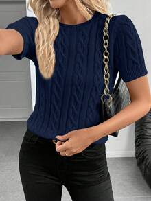 SHEIN Cottnline Blogger-Inspired Twist Rope Decor Round Neck Knit Sweater, Versatile Design, Autumn/Winter - Navy Blue - View 3