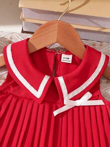 Baby Girls Casual Cute Colorblock Pleated Dress - Red - View 8