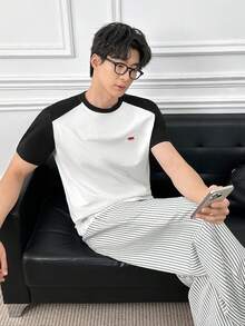 ESTAVOR 男士夏季休闲短袖T恤，撞色刺绣，黑白配色 - 黑與白 - 查看 5