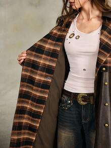 ROMWE EDITION Vintage Distressed PU Patchwork Plaid Long Leather Jacket, Suitable For Autumn/Winter - Multicolor - View 9