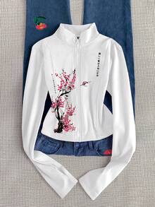 Glimmora Y2K风格花卉标语印花拇指扣薄款夹克，时尚休闲运动拉链外套，修身长袖女式秋冬户外旅行礼物 - 彩色 - 查看 1