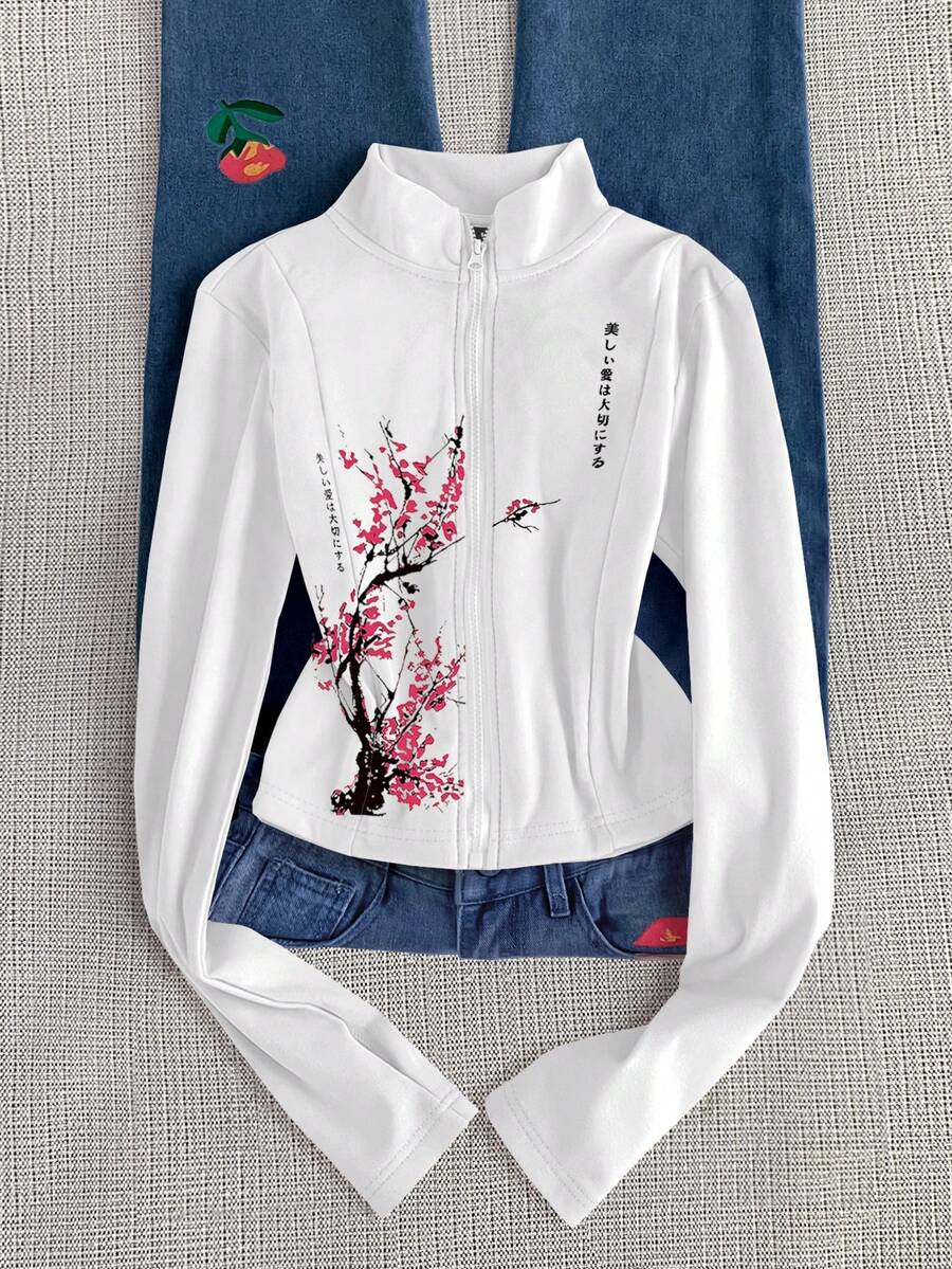 Glimmora Y2K风格花卉标语印花拇指扣薄款夹克，时尚休闲运动拉链外套，修身长袖女式秋冬户外旅行礼物 - 彩色 - 查看 1