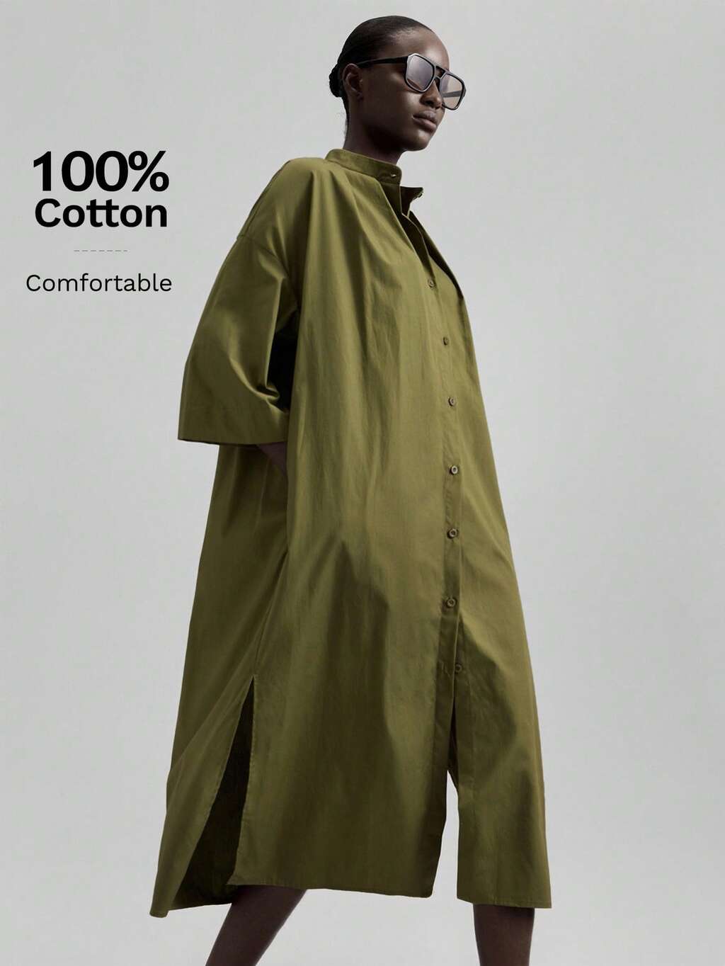 2026SS Women's Mid-Length Dress, Solid Military Green, Pleated, Drop Shoulder, Long Sleeve, Single-Breasted, Casual Loose Long Dress, Summer, Woven Fabric, Loose Fit, Graduation Dress, Elegant Women's Dress, Resort Dress, Beach Music Festival, Teacher Outfit, Business Casual, Urban Chic, Commute, Tea Party, Holiday, Party, Wedding Guest Attire, Versatile Casual Women Wear, Office Wear, Spring/Summer Clothing, Holiday Outfit, Slit, Mid-Length Dress