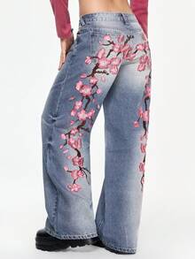 ROMWE Grunge Punk Quần jeans dáng rộng phong cách Y2K Streetwear với họa tiết hoa anh đào thêu. - Màu xanh lam - Xem 3
