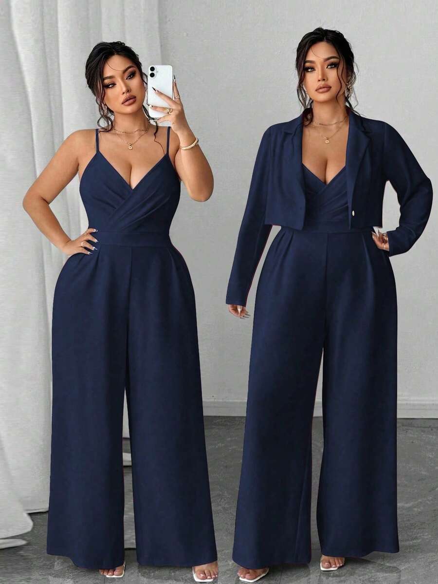 Elenzga Ensemble 2 pièces grande taille pour femmes : veste blazer élégante et minimaliste pour le travail et la navette, combinaison à jambes larges avec taille cintrée sans manches - Bleu marine - Voir 1