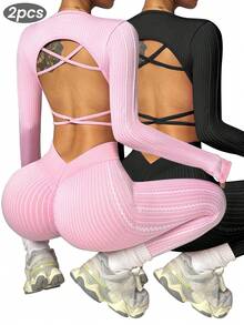 Velisys Velisys Conjunto de ropa deportiva para mujer con alta elasticidad y costillas sin costuras para fitness, running y yoga - Multicolor - Ver 1
