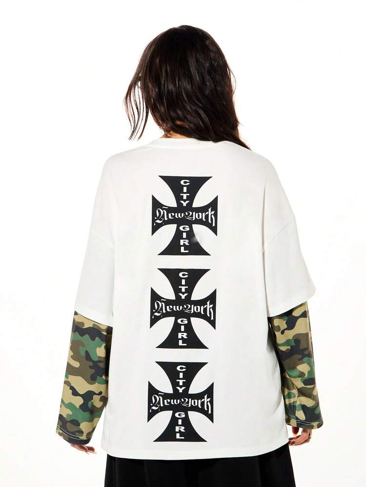 SUMWON Double Layer Graphic Print Tee With Camouflage Long Sleeves New York City Girl Oversized Casual Top