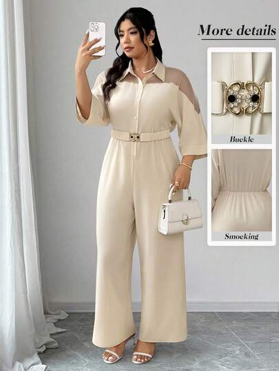 Elenzga Batwing Sleeves, Shirt Collar, Transparent Mesh Spliced Long Pants Jumpsuit With Metal Buckle Belt Decoration, Casual For Going Out And Daily Office, Spring And Summer Plus Size Jumpsuit