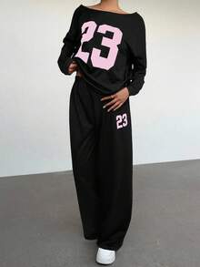 Aloruh 2pcs Women Contrast Color Numeric Print Round Neck Long Sleeve Set - Black - View 6