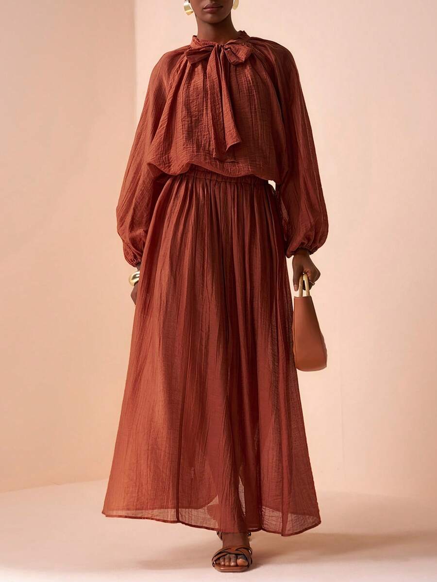 Zivah Elegant Autumn Rust Two Pieces Set,Bow Tie Lantern Long-Sleeved Shirt & High Waist A-Line Skirt,Brunch Vacation Wedding Guest Outfit