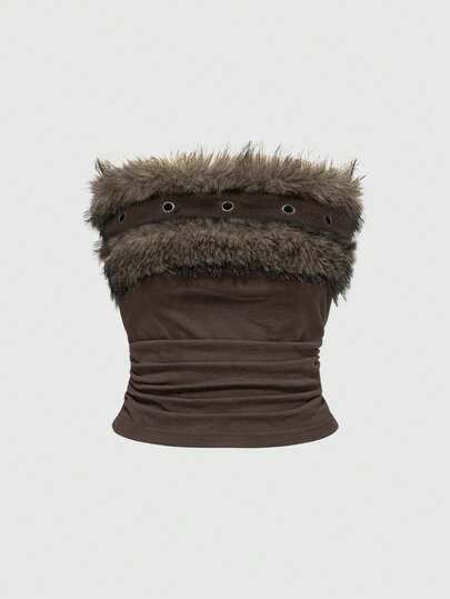 Grunge Punk Y2K sexy Tierdruck Crop Top mit Kunstfell Kragen