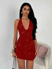 SHEIN Unity Váy ngắn màu đen bất đối xứng cổ chữ V lấp lánh thời trang dành cho nữ, mùa xuân/hè - Đỏ - Xem 3
