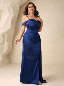 Coutiva 大码女士露肩褶皱开衩设计优雅正式晚礼服 - 藏蓝色 - 查看 6