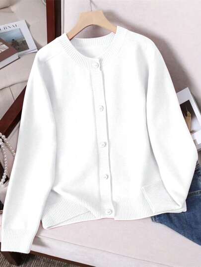 EMERY ROSE Women's Round Neck Long Sleeve Knitted Sweater Regular Cardigan, Autumn/Winter