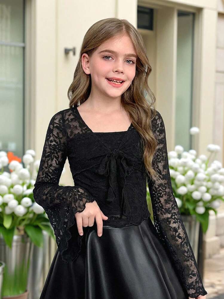 SHEIN Tween Girl Lace Patchwork Square Neck Bow Tie Elegant Flare Sleeve Long Sleeve T-Shirt Black Bell Sleeve Top Teens Tween Girl Clothes Black Bell Sleeve Top Teens Black Teen Girl Formal Wear Tops - Black - View 1