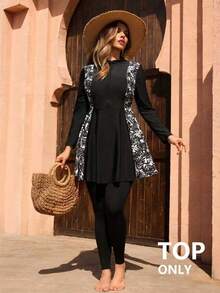 Swim Shayni 新款印花加大码端庄中东风情布基尼上衣 2026 圣诞新年派对海滩女士休闲款 - 黑色 - 查看 1