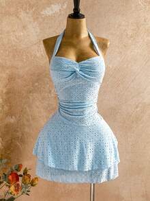 Soleia Đầm bodycon xếp ly lưới thêu màu trơn buộc dây phía trước cho kỳ nghỉ hè của phụ nữ - Màu xanh nhạt - Xem 3