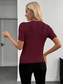 SHEIN Cottnline Blogger-Inspired Twist Rope Decor Round Neck Knit Sweater, Versatile For Autumn/Winter - Burgundy - View 2