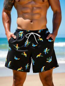 Manfinity Swimmode Men's Bird Print Drawstring Waist Pocket Beach Shorts Men Black Swim Trunks Men Beachwear - Black - View 3