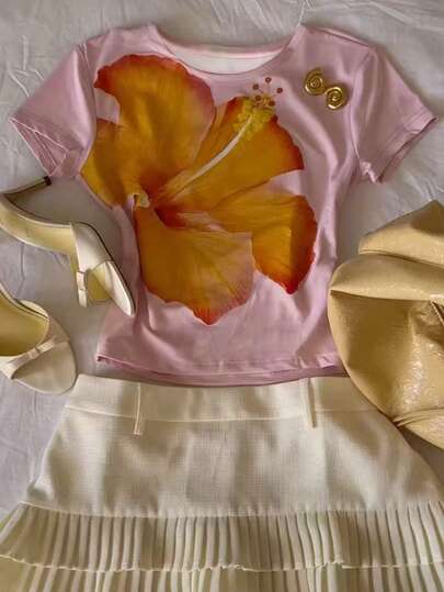 Glimmora Women's Floral Print Round Neck Short Sleeve Casual Versatile T-Shirt