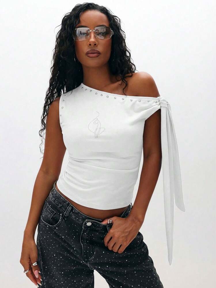BABYPHAT One Shoulder Tie Detail Top With Silver Studded Accents Off Shoulder Asymmetric Neckline Long Sleeve Casual Spring Summer Fashion