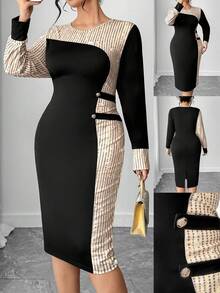 Elenzga Women's Sexy Long Sleeve Bodycon Dress Plus Size Round Neck Knitted Midi Dress With Split Hem And Golden Button Details - Multicolor - View 1