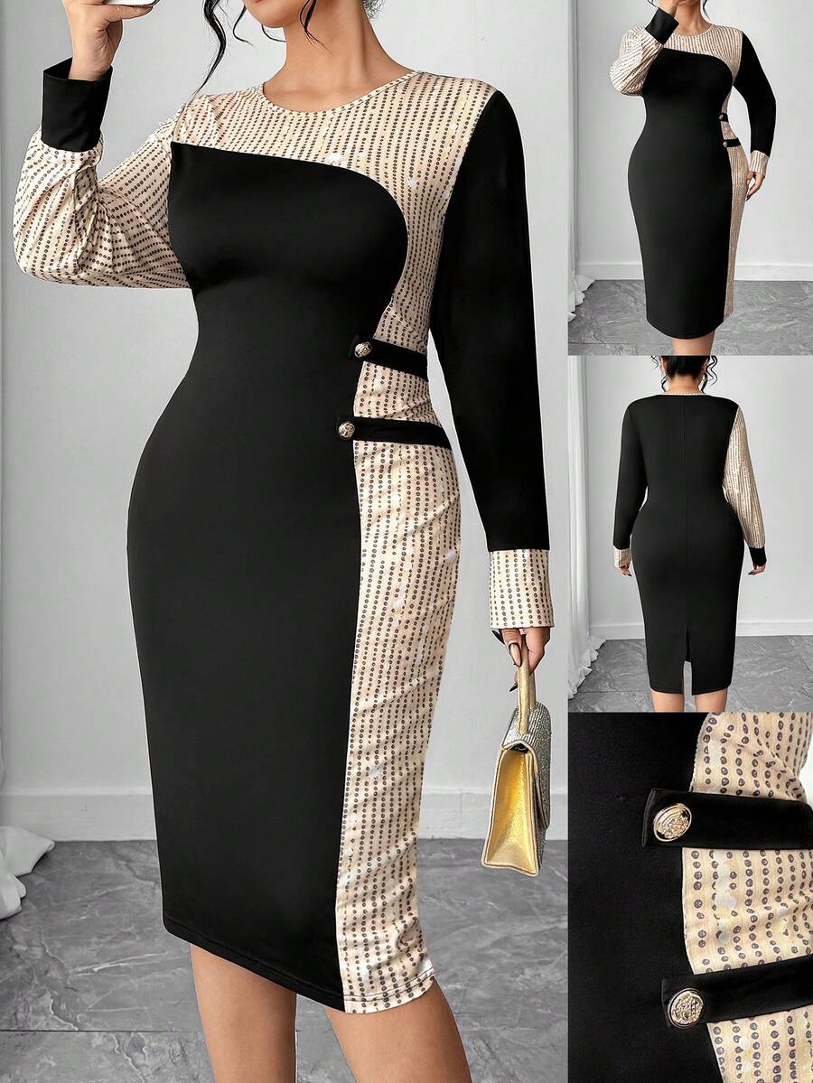 Elenzga Women's Sexy Long Sleeve Bodycon Dress Plus Size Round Neck Knitted Midi Dress With Split Hem And Golden Button Details - Multicolor - View 1