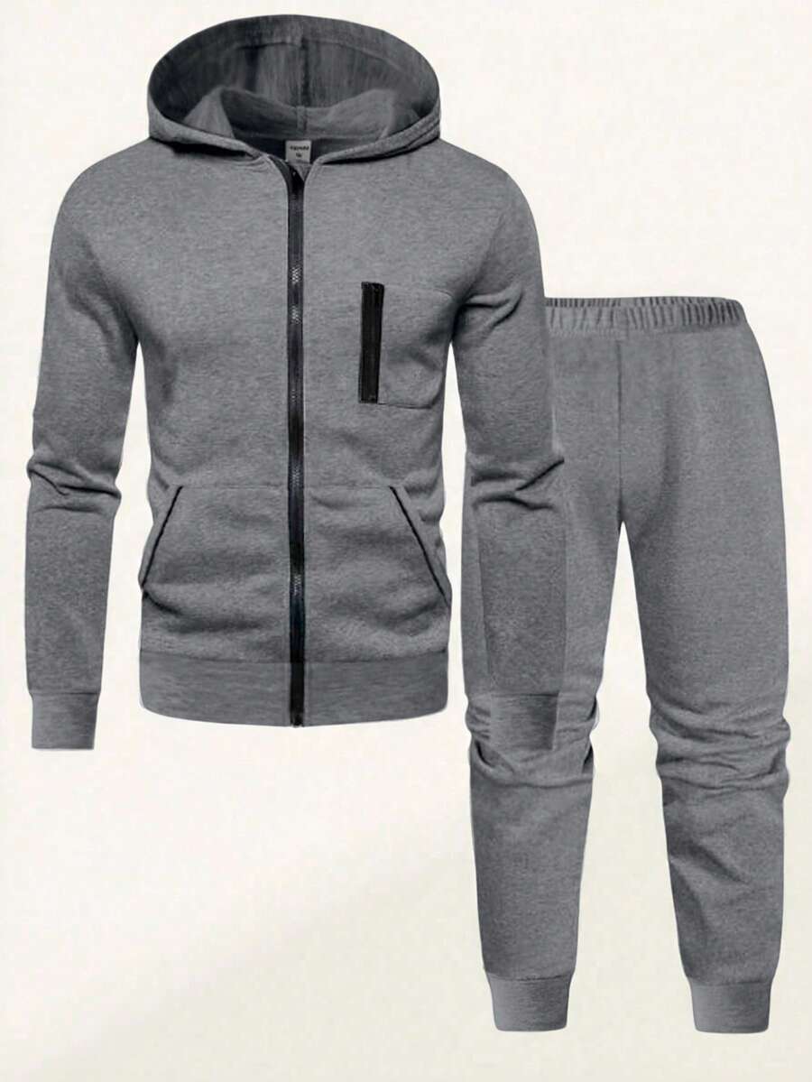 SHEIN Setelan 2 Potong Baju Hoodie dan Celana Olahraga Kasual untuk Anak Laki-laki, Cocok untuk Sehari-hari, Bepergian, Olahraga Musim Gugur dan Musim Dingin - Dark Grey - View 1