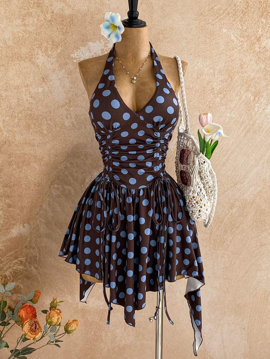 Soleia Đầm nghỉ mát kiểu mới, cổ yếm, eo rút dây, vạt bất đối xứng. - Nhiều màu - Xem 1
