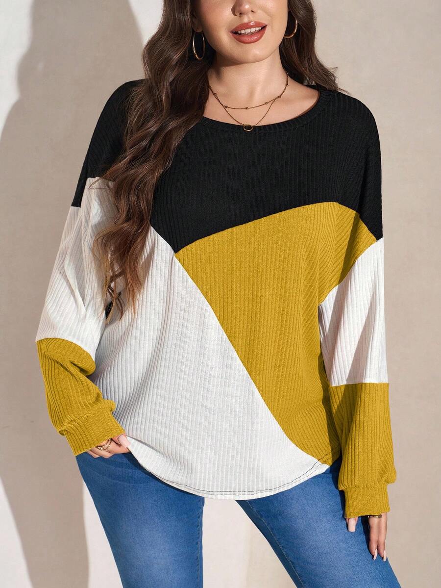SHEIN LUNE 大码休闲撞色圆领灯笼袖卫衣,秋季大码服装 - 彩色 - 查看 1