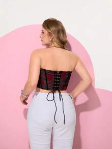 Hourglow Top bandeau élégant en maille rose avec laçage dans le dos pour les femmes de grande taille, pour les silhouettes en sablier et en forme d'heure de sablier, Saint-Valentin - Noir - Voir 2