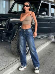 低腰修身直筒剪裁复古水洗Y2K风格女式牛仔裤，带口袋细节 - 霧霾藍 - 查看 4