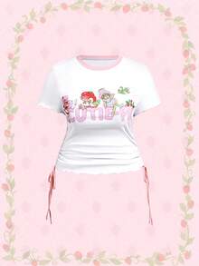 Strawberry Shortcake | ROMWE Áo thun tay ngắn xếp ly in hình hoạt hình cỡ lớn mùa hè - màu đen - Xem 1